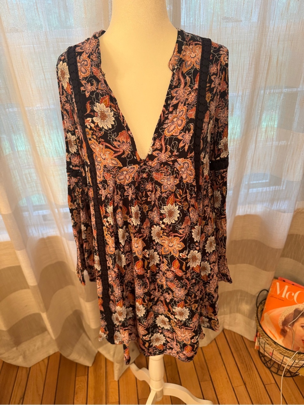 Altar'd State Black Floral V-Neck Dress with Rust, Cream & Pink Accents